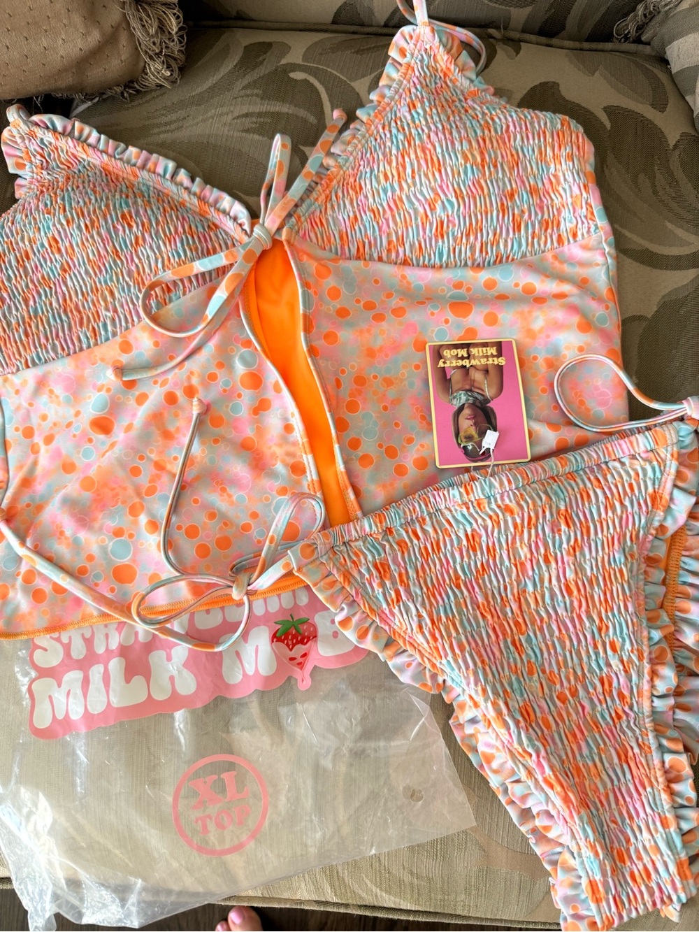 Strawberry Milk Mob Orange, Pink & Light Blue Polka Dot Swim Set